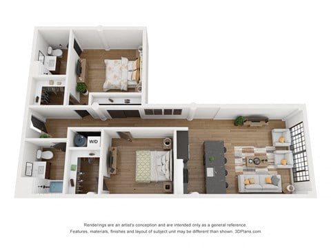 Floor plan for 2 beds, 2 baths, 1047 sqft